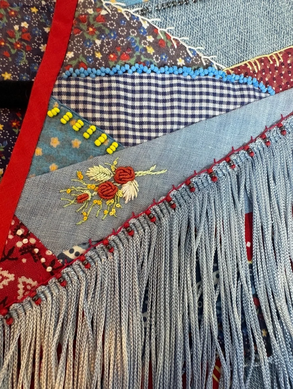 Handmade Patchwork Vest with Vibrant Colors and Light Blue Fringe Size Large